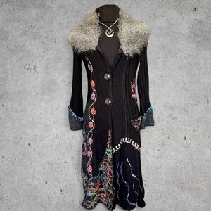 Insane Griffolie Paris Black Multicolor Stitched Long Cardigan Mohair Collar- S